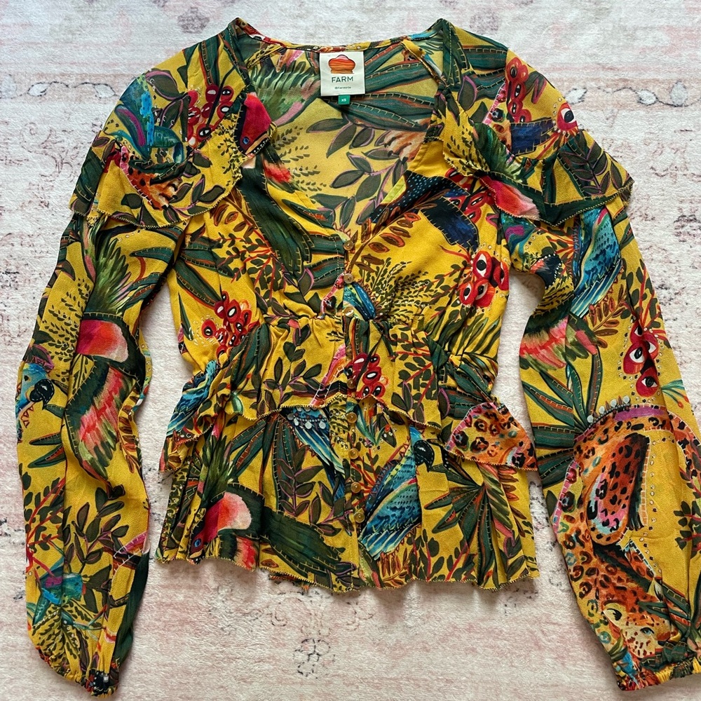 Farm Rio long sleeved ruffle v neck, button down top, vacation, tropical